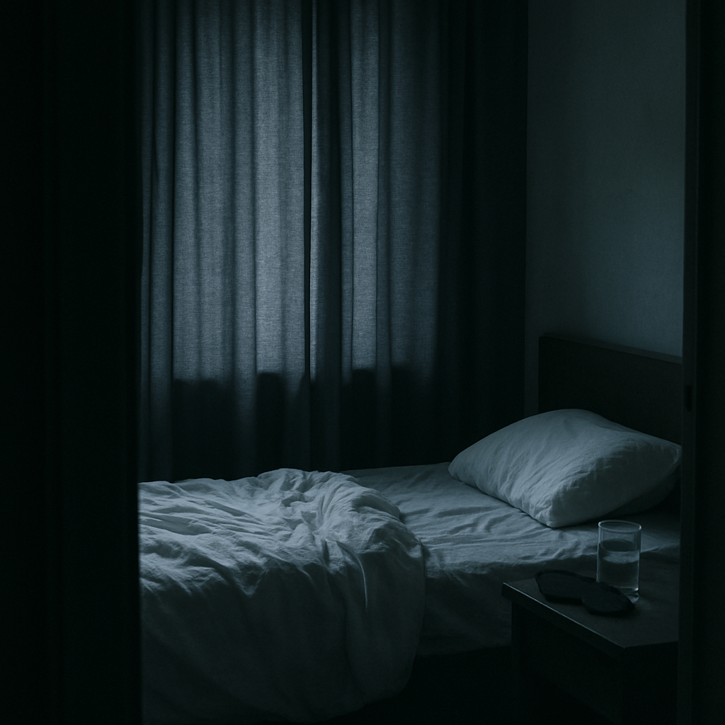 A dimly lit bedroom with curtains drawn against the daylight, an eye mask and a glass of water on the bedside table — illustrating the isolation of severe ME.